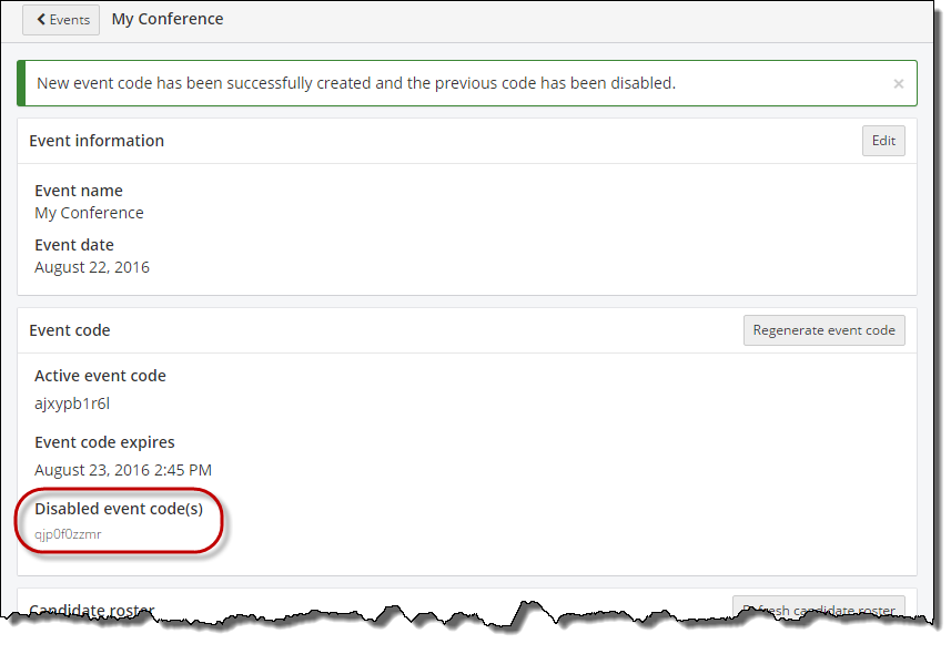 New event code generated, previous event code disabled.